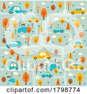 Poster, Art Print Of Retro Car And Autumn Tree Pattern Background