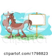 Poster, Art Print Of Cartoon Brown Horse Mascot By A Blank Sign