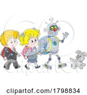 Cartoon School Children And Robot Walking To School