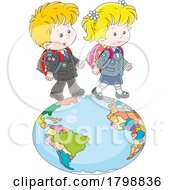 Poster, Art Print Of Cartoon School Children Walking On A Globe