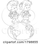 Poster, Art Print Of Cartoon School Children Walking On A Globe