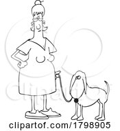 Cartoon BW Woman Walking Her Dog