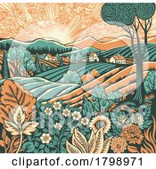 Poster, Art Print Of Fields Rolling Hills Farm Land Flowers Background