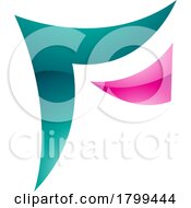Poster, Art Print Of Persian Green And Magenta Wavy Glossy Paper Shaped Letter F Icon