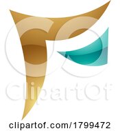 Poster, Art Print Of Persian Green And Golden Wavy Glossy Paper Shaped Letter F Icon