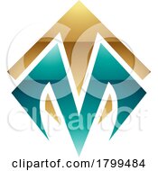 Poster, Art Print Of Persian Green And Gold Glossy Square Diamond Shaped Letter M Icon