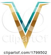 Persian Green And Gold Glossy Spiky Shaped Letter V Icon