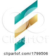 Poster, Art Print Of Persian Green And Golden Glossy Letter F Icon With Diagonal Stripes