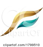 Poster, Art Print Of Persian Green And Golden Glossy Flying Bird Shaped Letter F Icon