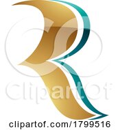 Poster, Art Print Of Persian Green And Gold Glossy Wavy Shaped Letter R Icon
