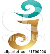 Poster, Art Print Of Persian Green And Gold Glossy Swirl Shaped Letter J Icon