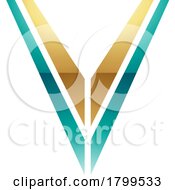 Poster, Art Print Of Persian Green And Gold Glossy Striped Shaped Letter V Icon