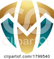Poster, Art Print Of Persian Green And Gold Glossy Shield Shaped Letter T Icon