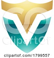 Poster, Art Print Of Persian Green And Gold Glossy Shield Shaped Letter V Icon