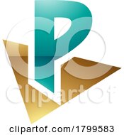 Poster, Art Print Of Persian Green And Gold Glossy Letter P Icon With A Triangle