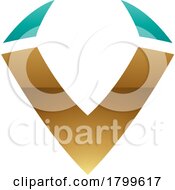 Poster, Art Print Of Persian Green And Gold Glossy Horn Shaped Letter V Icon