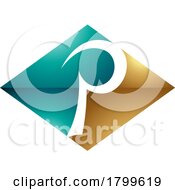 Persian Green And Gold Glossy Horizontal Diamond Letter P Icon