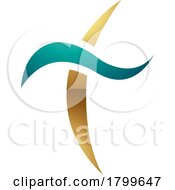 11/21/2023 - Persian Green And Gold Glossy Curvy Sword Shaped Letter T Icon