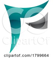 Poster, Art Print Of Persian Green And Black Wavy Glossy Paper Shaped Letter F Icon