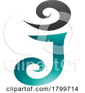 Poster, Art Print Of Persian Green And Black Glossy Swirl Shaped Letter J Icon