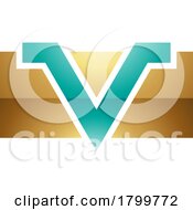 Poster, Art Print Of Persian Green And Gold Glossy Rectangle Shaped Letter V Icon