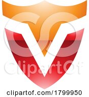 Poster, Art Print Of Orange And Red Glossy Shield Shaped Letter V Icon