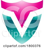 Poster, Art Print Of Magenta And Green Glossy Shield Shaped Letter V Icon