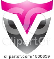 Poster, Art Print Of Magenta And Black Glossy Shield Shaped Letter V Icon