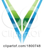 Poster, Art Print Of Green And Blue Glossy Striped Shaped Letter V Icon