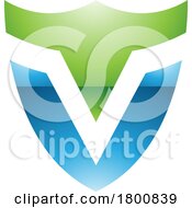 Poster, Art Print Of Green And Blue Glossy Shield Shaped Letter V Icon