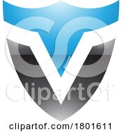 Poster, Art Print Of Blue And Black Glossy Shield Shaped Letter V Icon