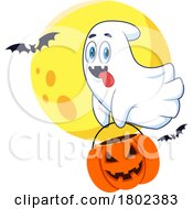Poster, Art Print Of Cartoon Clipart Ghost Flying With A Pumpkin Halloween Candy Bucket Against A Full Moon