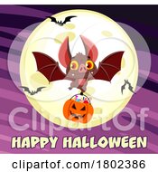 Poster, Art Print Of Cartoon Clipart Vampire Bat With A Pumpkin Candy Bucket Over A Moon And Happy Halloween Text