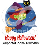Cartoon Clipart Witch Flying With A Black Cat On Her Hat And Happy Halloween Text by Hit Toon