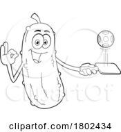 Poster, Art Print Of Cartoon Black And White Clipart Pickleball Pickle Mascot With A Paddle