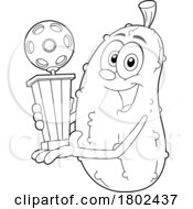 Cartoon Black And White Clipart Pickleball Pickle Mascot Holding A Trophy