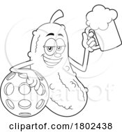 Poster, Art Print Of Cartoon Black And White Clipart Pickleball Pickle Mascot Holding A Beer