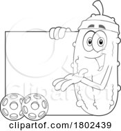 Poster, Art Print Of Cartoon Black And White Clipart Pickleball Pickle Mascot Presenting A Sign