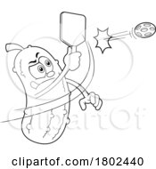 Cartoon Black And White Clipart Pickleball Pickle Mascot Swinging by Hit Toon