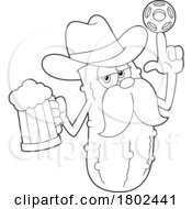Poster, Art Print Of Cartoon Black And White Clipart Cowboy Pickleball Pickle Mascot Holding A Beer