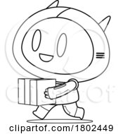 Cartoon Black And White Clipart Robot Carrying A Box by Hit Toon