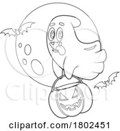 Poster, Art Print Of Cartoon Black And White Clipart Ghost Flying With A Pumpkin Halloween Candy Bucket Against A Full Moon