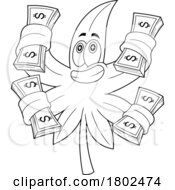 Poster, Art Print Of Cartoon Black And White Clipart Cannabis Marijuana Pot Leaf Character With Cash