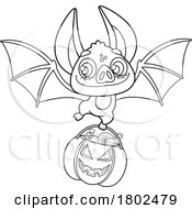 Cartoon Black And White Clipart Vampire Bat With A Pumpkin Halloween Candy Bucket by Hit Toon