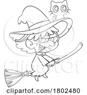 Poster, Art Print Of Cartoon Black And White Clipart Halloween Witch Flying With A Black Cat On Her Hat