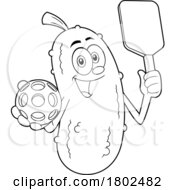 Poster, Art Print Of Cartoon Black And White Clipart Pickleball Pickle Mascot Holding A Paddle