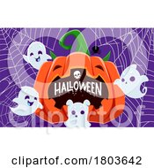 Poster, Art Print Of Cute Halloween Ghosts With A Spider And Jackolantern