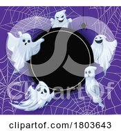 Halloween Background Of Ghosts Spider And Webs Around A Frame