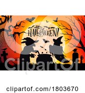 Poster, Art Print Of Silhouetted Halloween Witch And Ghost In A Cemetery