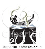 Poster, Art Print Of Woodcut Style Boat With Sea Monster